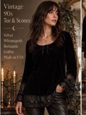 Vintage 90s Black Velvet Tunic Top XS Whimsigoth Gothic Sheer Ribbon Trim